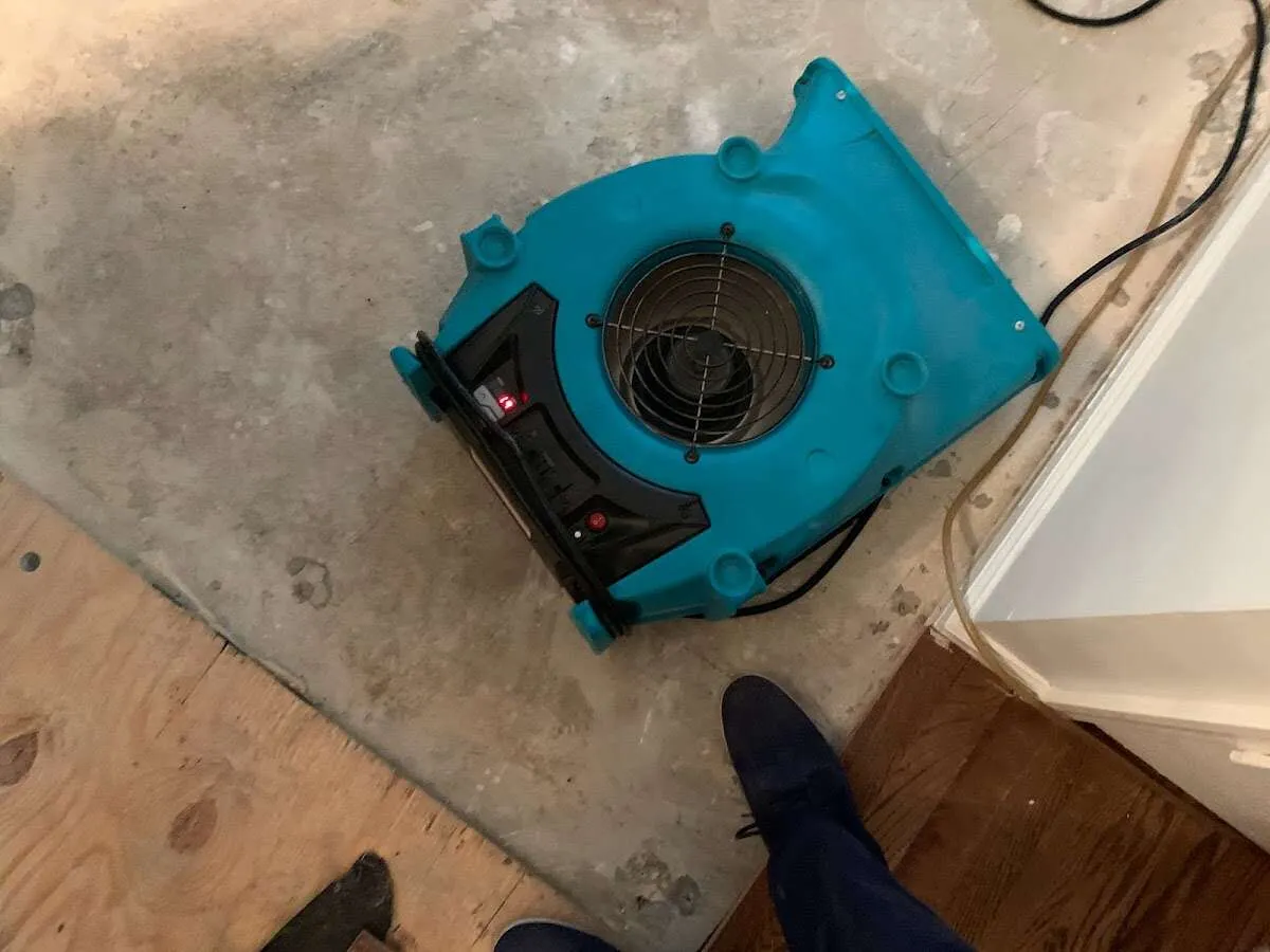 Air mover drying subfloor during Commercial Water Damage Restoration in Vidor